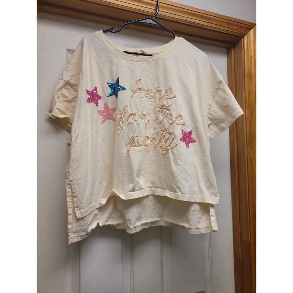 Women's L Peach Love Here For The Party Sequin Star Graphic Tee Large Cream Top